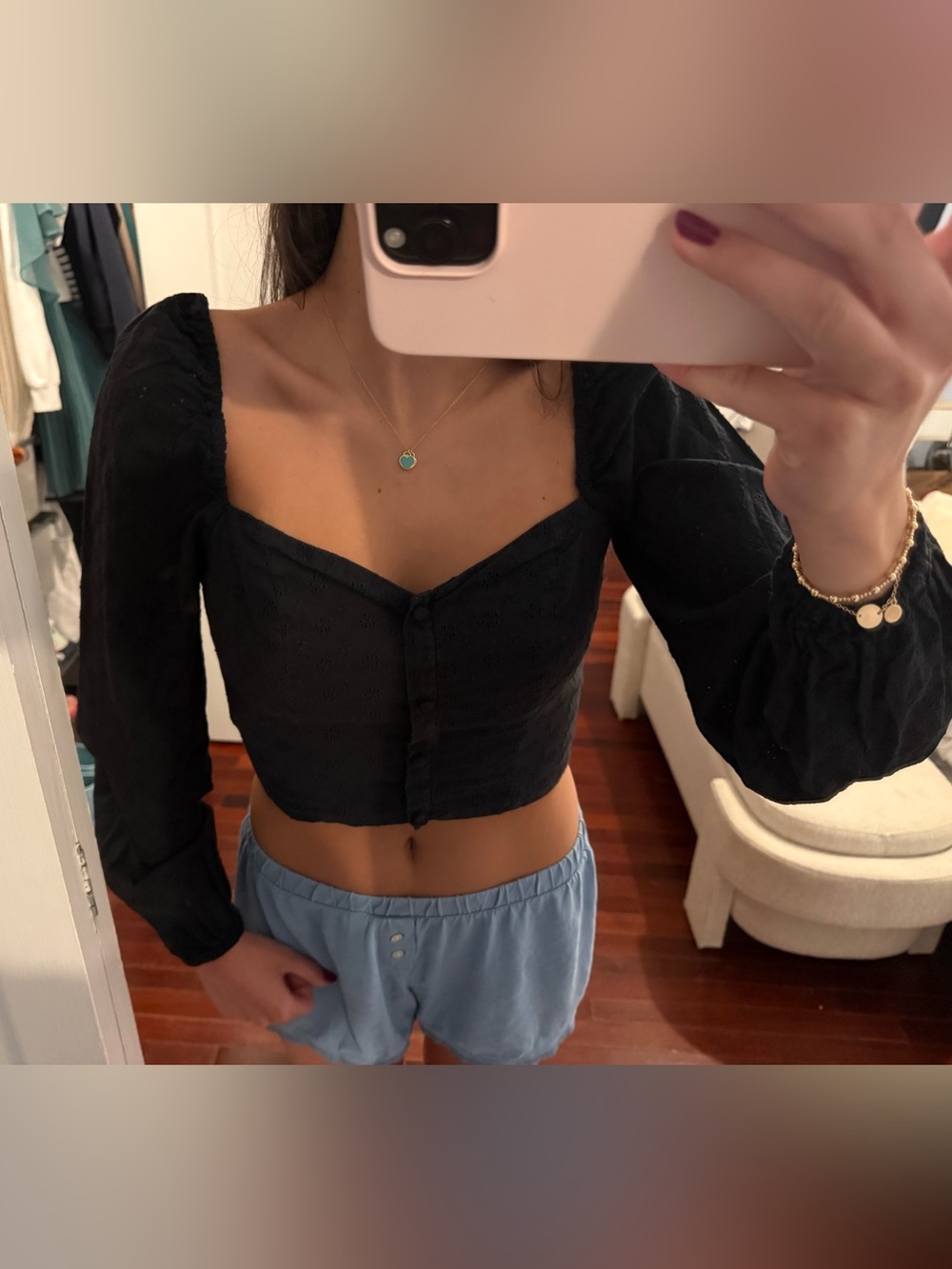 stradivarius Black Puff-Sleeve Sweetheart Crop Top